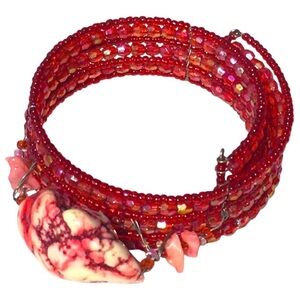 Large Natural Stone Handmade Red Memory Wire Beaded Cuff Bracelet